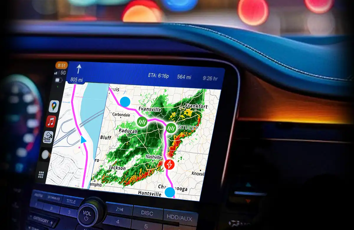 Drive Weather on Apple CarPlay showing weather and navigation
