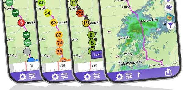 Drive Weather app screens showing route weather